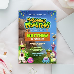 My Singing Monsters Birthday Invitation Template - MSM Kids Party - Cute Regular Music Monsters Island Editable Canva Custom Invite