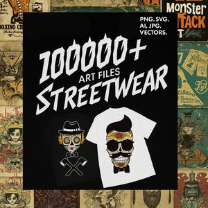 以下が含まれることがあります： 「100000+ ART FILES STREETWEAR」のテキストと2つのTシャツデザインが描かれた黒いグラフィック。1つは帽子と斧を持つスカル、もう1つはサングラスと口ひげを持つスカル。ヴィンテージポスターの背景。