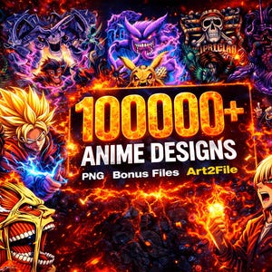 Op de afbeelding: Een levendig digitaal kunstwerk met talrijke anime-personages en de tekst "100000+ ANIME DESIGNS" in vet, vurig oranje. Het kunstwerk toont een dynamische compositie met een verscheidenheid aan personages en de woorden "PNG Bonus Files Art2File".