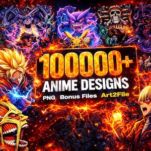 May include: A vibrant digital art piece featuring numerous anime characters and the text "100000+ ANIME DESIGNS" in bold, fiery orange. The artwork showcases a dynamic composition with a variety of characters and the words "PNG Bonus Files Art2File".