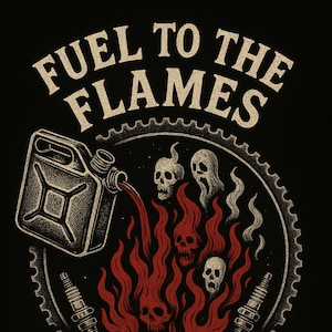 May include: Black graphic design featuring the text "FUEL TO THE FLAMES" above a central image. The image includes a gas can pouring fuel into red flames with skull shapes, surrounded by engine parts.