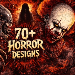 Paquete de más de 70 PNG de semitonos de terror / Diseños de camisetas de ropa urbana oscura / Listo para imprimir en formato DTF / 300 DPI / Uso totalmente comercial