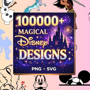May include: A collection of Disney-themed designs, including characters like Baby Yoda, Mickey Mouse, and Winnie the Pooh. The image features a central graphic with the text "100000+ MAGICAL Disney DESIGNS" and the file types PNG and SVG. The background is a gradient of pink and yellow.