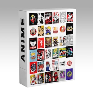 May include: A white box with the word "ANIME" printed vertically on the side. The box is covered with colorful anime character illustrations. The illustrations feature various characters in action poses and portraits.