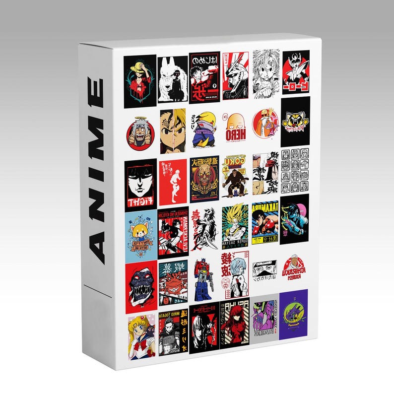 May include: A white box with the word "ANIME" printed vertically on the side. The box is covered with colorful anime character illustrations. The illustrations feature various characters in action poses and portraits.