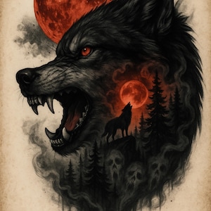 May include: A detailed illustration of a snarling wolf with red eyes and a large red moon in the background. The wolf's open mouth reveals sharp teeth. Inside the wolf's silhouette is a howling wolf, trees, and a second red moon.
