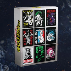 May include: A white box featuring nine character art cards from the anime series My Hero Academia. The cards display various characters with Japanese text and English titles like "All Might" and "Kacchan". The box has the series' logo in Japanese.
