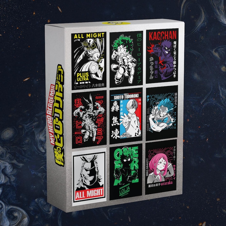May include: A white box featuring nine character art cards from the anime series My Hero Academia. The cards display various characters with Japanese text and English titles like "All Might" and "Kacchan". The box has the series' logo in Japanese.