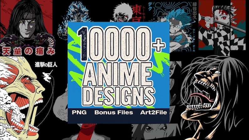 May include: A collection of anime-themed designs, featuring various characters and artwork. The central image displays "10000+ ANIME DESIGNS" in white text on a blue background with green accents. Additional text includes "PNG Bonus Files Art2File".