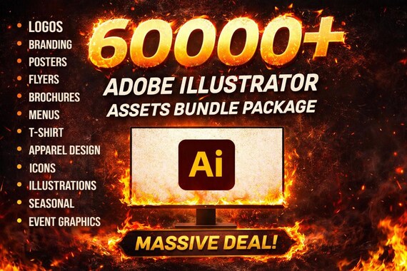 60,000+ Adobe Illustrator Assets & Templates Mega Vector Design Bundle Editable AI Files, Logos, Icons, Patterns, T-Shirt Graphics, Instant