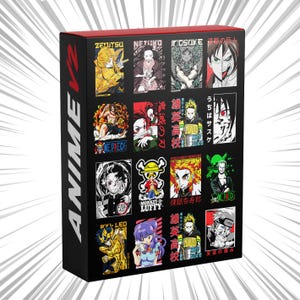 May include: A black box with a red top featuring anime character art. The box displays various anime characters in colorful illustrations. The word "ANIME V2" is printed vertically on the side of the box.