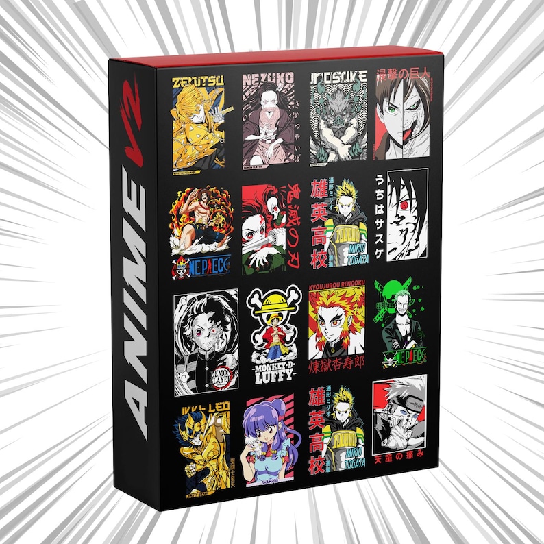 May include: A black box with a red top featuring anime character art. The box displays various anime characters in colorful illustrations. The word "ANIME V2" is printed vertically on the side of the box.