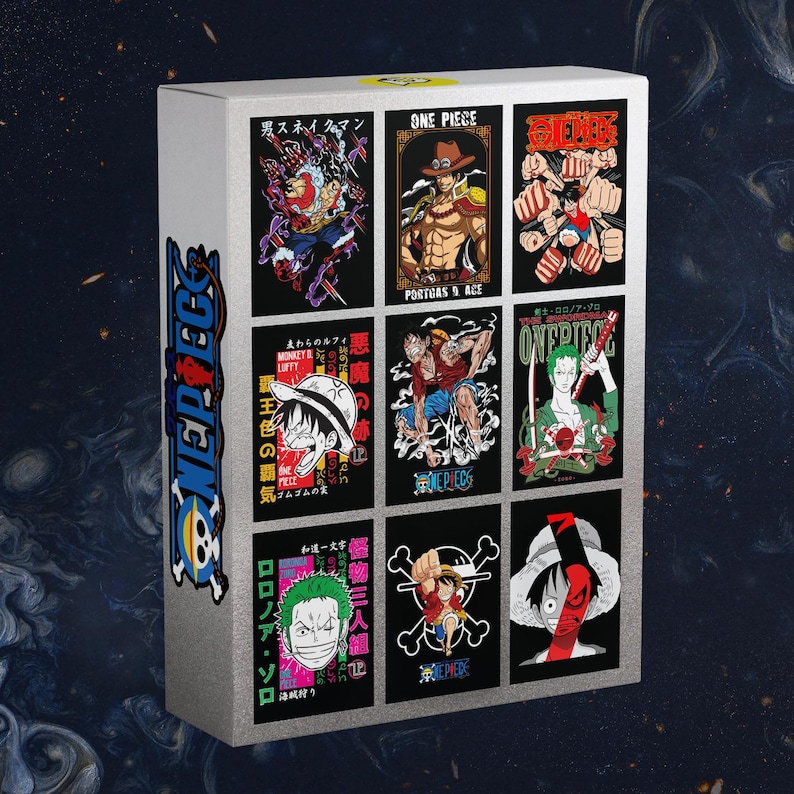 May include: A white box featuring nine colorful One Piece character art prints. The prints showcase various characters in action poses, with Japanese text and the One Piece logo. The box has the One Piece logo on the side.