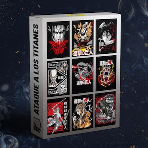 May include: A rectangular box featuring nine panels with illustrations from the anime series "Attack on Titan." The panels showcase various characters and scenes in vibrant colors, with Japanese text and the series title in Spanish. The box has a silver frame.