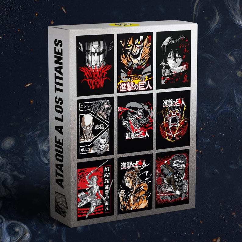 May include: A rectangular box featuring nine panels with illustrations from the anime series "Attack on Titan." The panels showcase various characters and scenes in vibrant colors, with Japanese text and the series title in Spanish. The box has a silver frame.