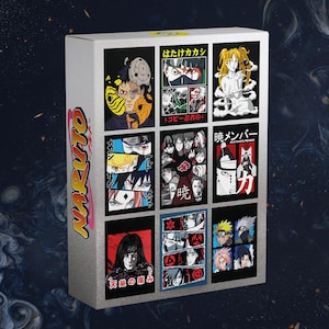 May include: A white box featuring nine colorful Naruto character art prints. The box has the word "Naruto" in orange and yellow lettering on the side. The prints showcase various characters and Japanese text.