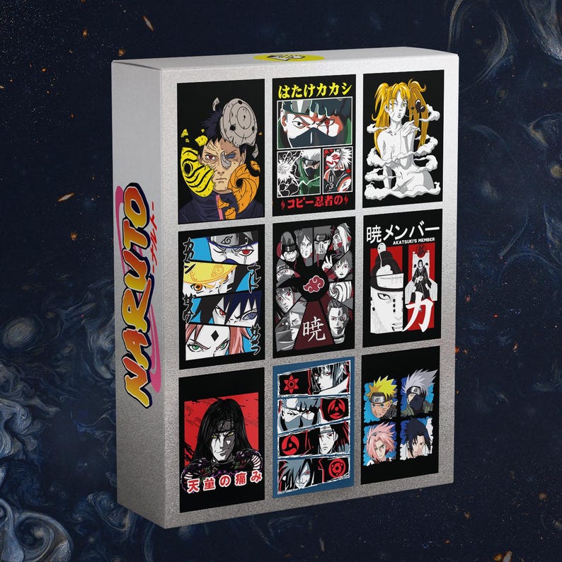 May include: A white box featuring nine colorful Naruto character art prints. The box has the word "Naruto" in orange and yellow lettering on the side. The prints showcase various characters and Japanese text.