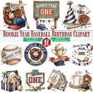 Könnte beinhalten: Eine Sammlung von Baseball-Geburtstags-Cliparts mit Baseballbällen, Handschuhen, Schlägern, Kappen, Trikots, Trophäen und Schildern mit dem Text Rookie Year und One. Die Illustrationen enthalten Partyhüte, Banner und Kuchen in einer rot-weiß-blauen Farbpalette.