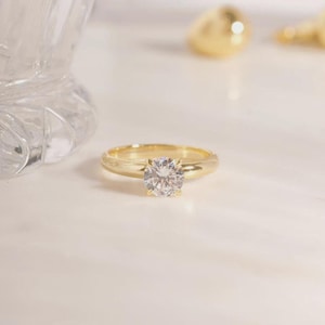 14K Gold Solitaire Ring: Round Cut Moissanite Engagement, Promise Ring