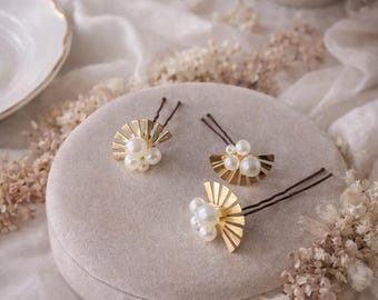 Lot de 3 Pics à chignon mariage dorés et perles nacrées – Accessoires cheveux mariée bohème chic |Abanico– Bridal Hair Pins