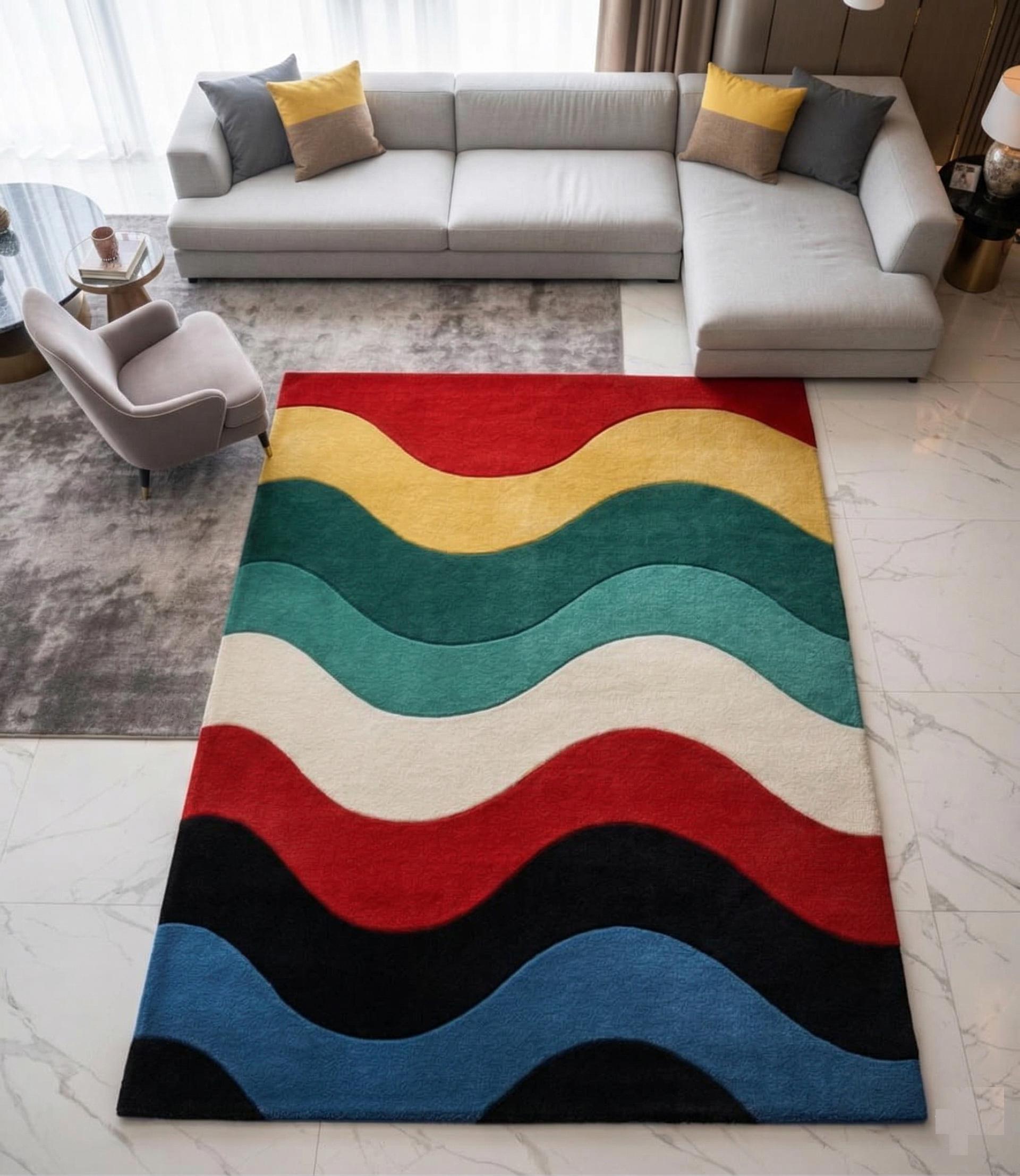 Modern Abstract Wavy Hand Tufted Wool Rug - Retro 70s Style Funky Home ...
