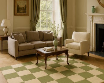 Handgetuft dambordkleed: groen en beige modern geometrisch tapijt