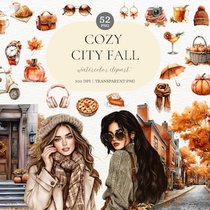 Watercolor Autumn City Clipart Cozy Fall Aesthetic PNG Urban Autumn Vibes Watercolor Illustration for Planners Scrapbooking and Journaling