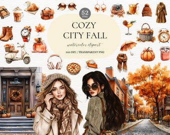 Akwarela Jesień Miasto Clipart Przytulna Jesień Estetyczna PNG Miejskie Jesienne Klimaty Akwarela Ilustracja dla Planistów Scrapbooking i Dziennikarstwo