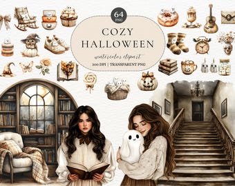 Watercolor Cozy Halloween Clipart Neutral Halloween Planner Stickers Cute Ghost Clipart Spooky Halloween Watercolor Halloween Stickers PNG