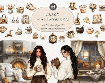 Watercolor Cozy Halloween Clipart Neutral Halloween PNG Autumn Ghost Clipart Spooky Cozy Aesthetics Cozy Fall Girl Halloween Fall Stickers