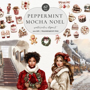 以下が含まれることがあります： 「Peppermint Mocha Noel」と題された水彩画のクリップアートセット。クリスマスをテーマにしたイラストが特徴です。オーナメント、ジンジャーブレッドマン、リース、冬の風景など、さまざまなお祝いの要素が含まれています。2人の女性も画像に登場しています。