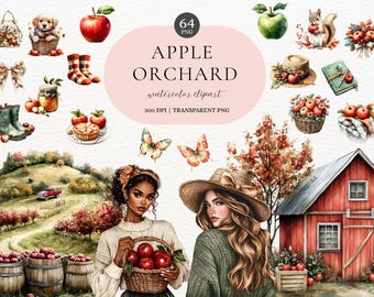 May include: Watercolor clipart set titled "Apple Orchard" featuring various illustrations of apples, baskets, a red barn, and two women. Includes images of a puppy, butterflies, and other fall-themed elements.