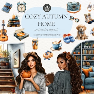 Watercolor Cozy Autumn Home Clipart Cozy Home Decor Autumn Fall Planner Stickers Watercolor Clipart Autumn Scrapbook Stickers Fall Decor