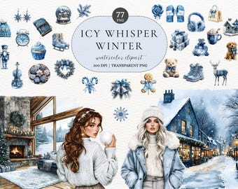 May include: Watercolor clipart set titled "Icy Whisper Winter" featuring various winter-themed illustrations in shades of blue. Includes images of snow globes, ice skates, and winter scenes. The set also includes two women in winter attire.