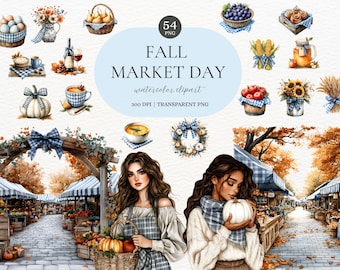 Clipart de mercado de cosecha de otoño en acuarela, pegatinas para planificador de otoño, decoración de otoño, clipart de acuarela, pegatinas para álbumes de recortes de otoño, efímeras de otoño