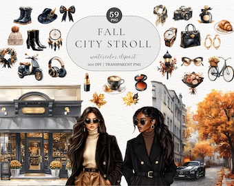 Watercolor Autumn Clipart Collection Fall City Stroll Cozy Fall Fashion PNG Autumn Cityscape Fall Aesthetic PNG Autumn Girl Clip art Fall