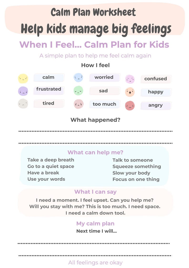 Calm Down Plan for Kids | Emotional Regulation and Coping Skills ...