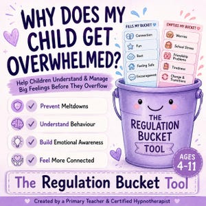 May include: A purple illustration titled "Why Does My Child Get Overwhelmed?" features a bucket labeled "The Regulation Bucket Tool" for ages 4-11. The image lists ways to help children understand and manage big feelings, including preventing meltdowns and building emotional awareness.