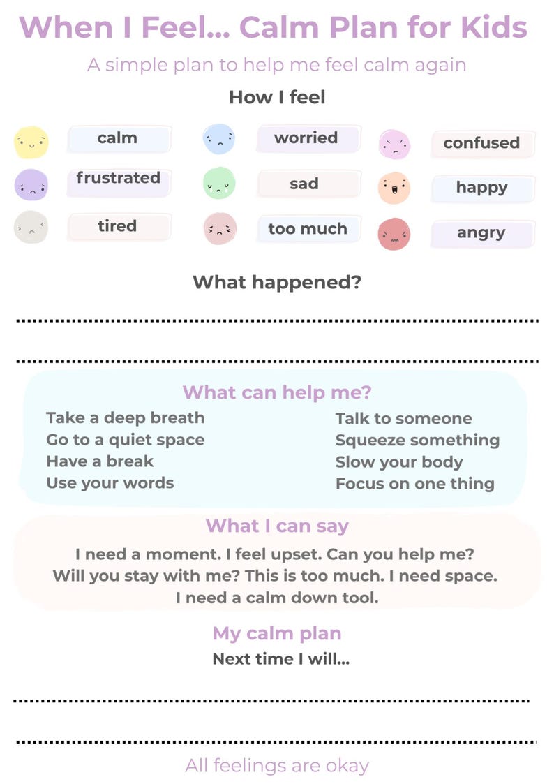 Calm Down Plan for Kids | Emotional Regulation and Coping Skills ...