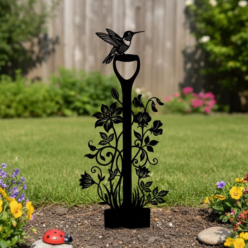 May include: Black metal garden stake featuring a hummingbird perched atop a shovel-shaped design. The stake is adorned with floral and vine details. The garden art is placed in a garden bed with flowers and grass.