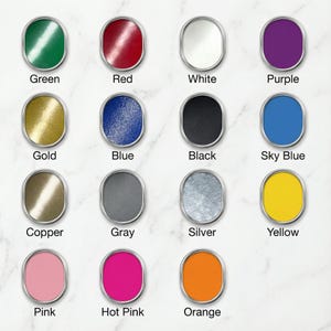 May include: A grid of sixteen oval-shaped objects in various colors, each with a silver border and a color label below. Colors include green, red, white, purple, gold, blue, black, sky blue, copper, gray, silver, yellow, pink, hot pink, and orange.