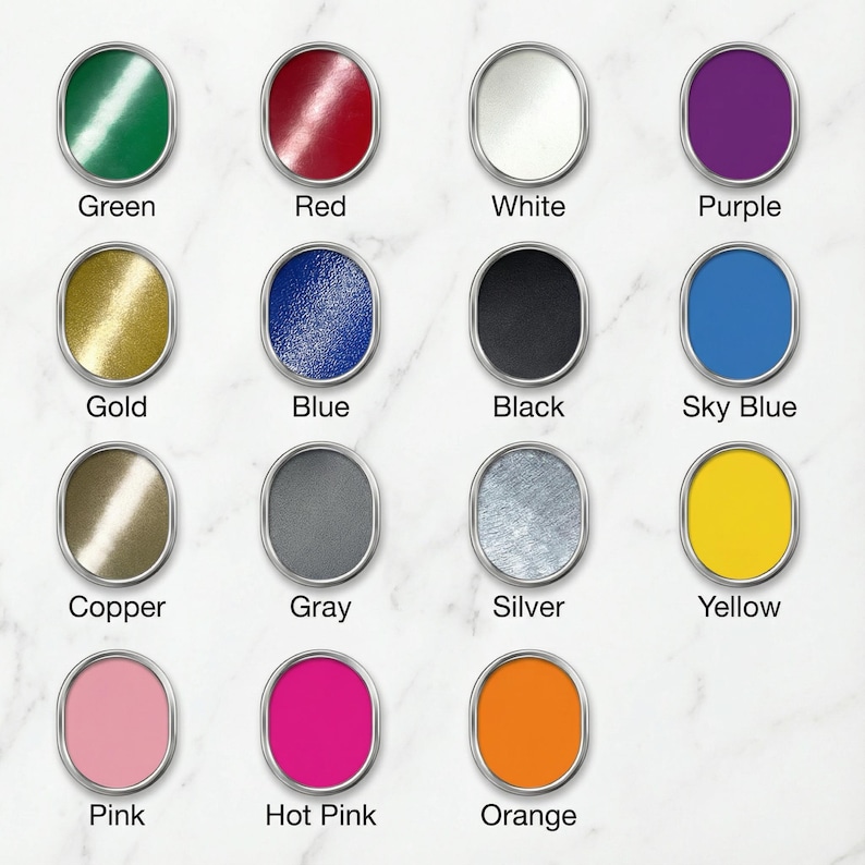May include: A grid of sixteen oval-shaped objects in various colors, each with a silver border and a color label below. Colors include green, red, white, purple, gold, blue, black, sky blue, copper, gray, silver, yellow, pink, hot pink, and orange.