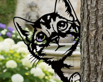 Garden Cat Art,Metal Cat Garden Sign,Yard Animal Decor,Cat Tree Peeker Decor,Metal Cat Sign,Cat Peeker Sign,Cat Silhouette Decor,Outdoor Art