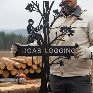 Pode incluir: Uma placa de metal preta com a silhueta de uma pessoa a subir a uma árvore com uma motosserra, com o texto LUCAS LOGGING recortado numa barra horizontal no centro. O design inclui ramos de árvore e folhagem detalhados.
