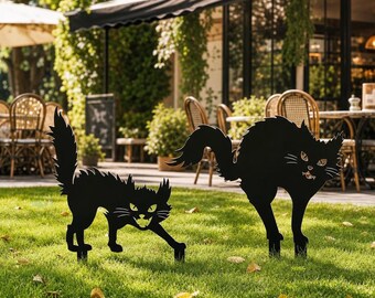 Spooky Cat Garden Stake, Halloween Scary Kitty Yard Art, Fall Outdoor Metal Decor, Creepy Cat Lawn Ornament For Garden,Halloween Kitty Art