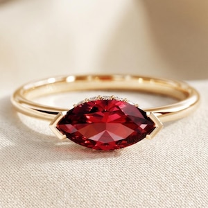 1.2 Carat Marquise Cut Pigeon Blood Ruby Ring: 14k Gold Minimalist Solitaire  July Birthstone Ring, Promise Ring for Her, Red Gemstone Ring