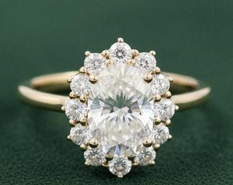 2,5 kt ovaal geslepen moissaniet ring, Moissaniet ovale verlovingsring, Moissaniet diamant halo bruiloft voorstel ring bruids ovale diamanten sieraden