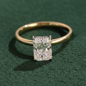 Emerald Cut Hidden Halo Ring, Emerald Cut Moissanite Engagement Ring, 14k Yellow Gold Ring, Anniversary Ring, Solitaire Ring Moissanite