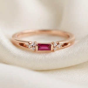Ruby Baguette Sterling Silver Ring: Rose Gold Minimalist Stacking Ring