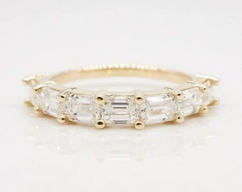 Emerald Cut Moissanite Wedding Band, Emerald Moissanite 14K Solid Gold Engagement Band, Half Eternity Wedding Band, Emerald Band For Women